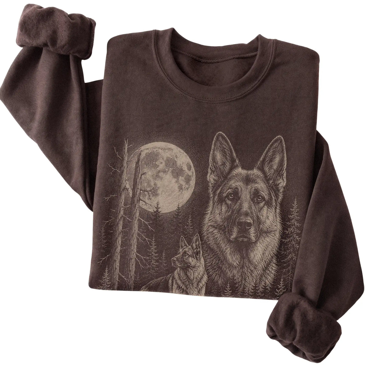 Folded dark chocolate crewneck sweatshirt showing the German Shepherd Moonlit Forest graphic
