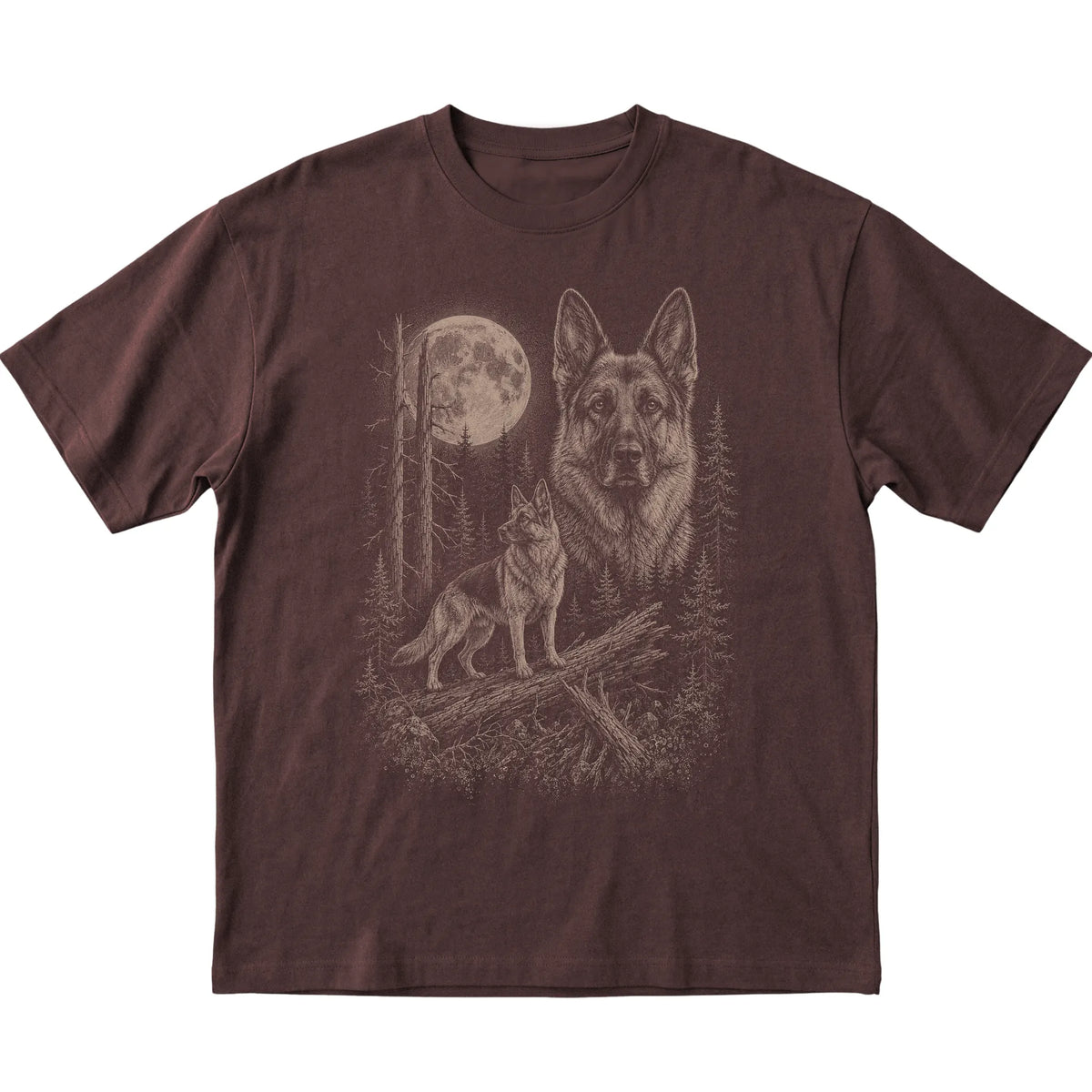 German Shepherd Moonlit Forest graphic on a dark chocolate Softstyle T-shirt laid flat