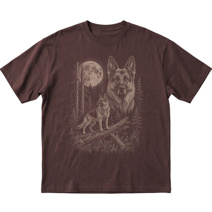 German Shepherd Moonlit Forest graphic on a dark chocolate Softstyle T-shirt laid flat