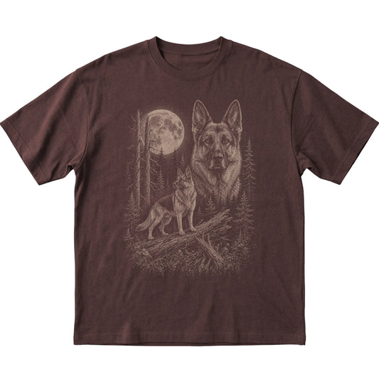 German Shepherd Moonlit Forest graphic on a dark chocolate Softstyle T-shirt laid flat
