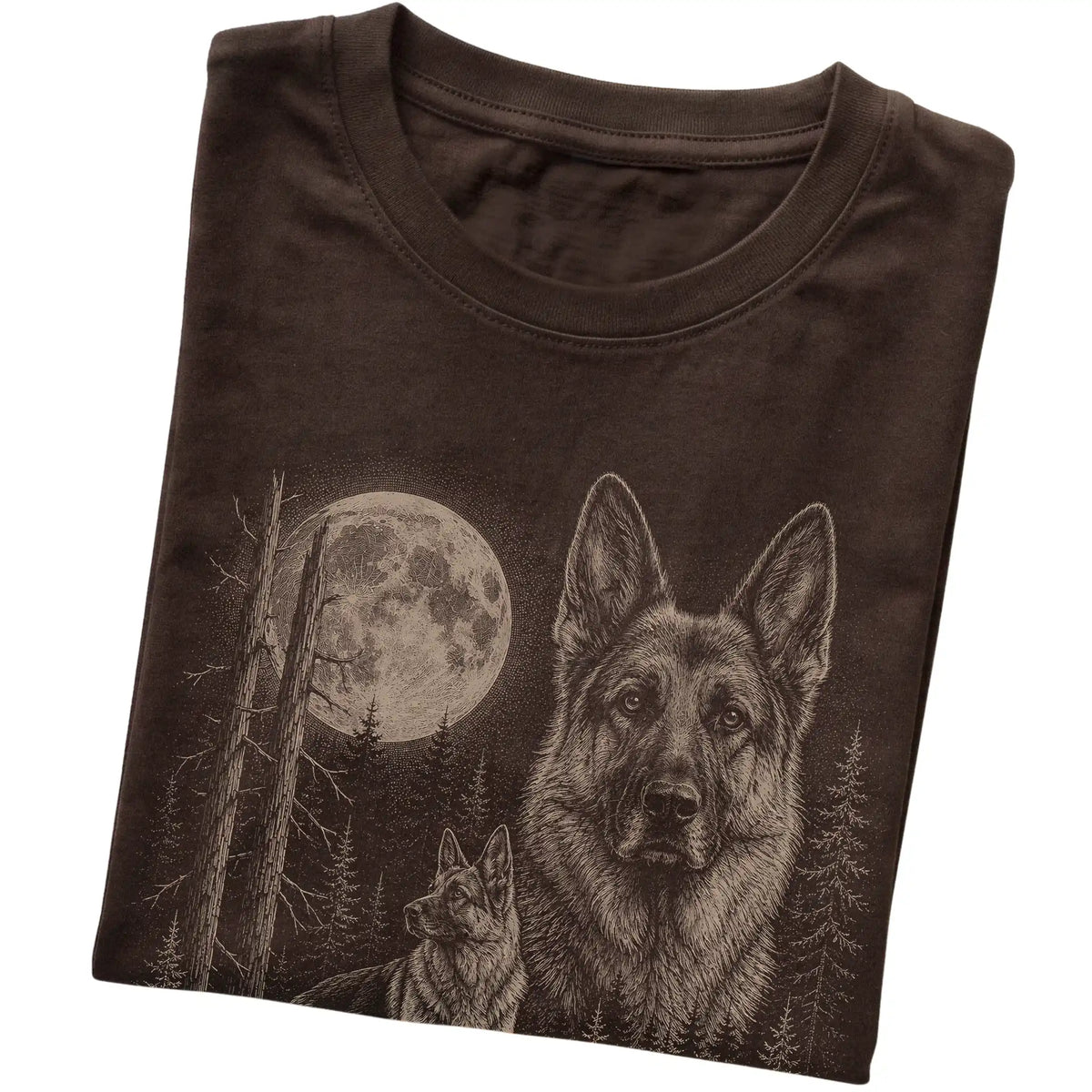 Folded dark chocolate Softstyle T-shirt showing the German Shepherd Moonlit Forest graphic