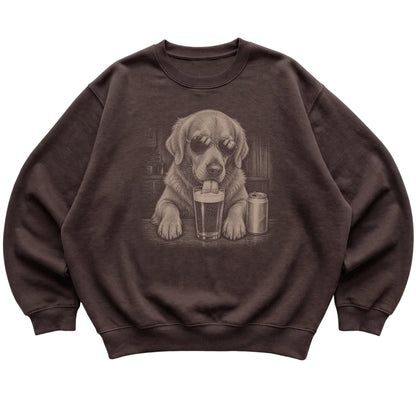 Dark Chocolate Golden Retriever drinking from a pint at a bar, laid flat