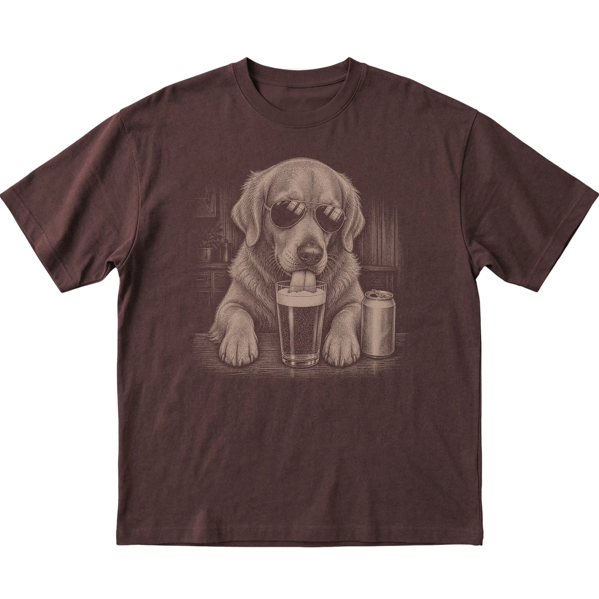 Dark Chocolate Golden Retriever drinking from a pint at a bar, laid flat