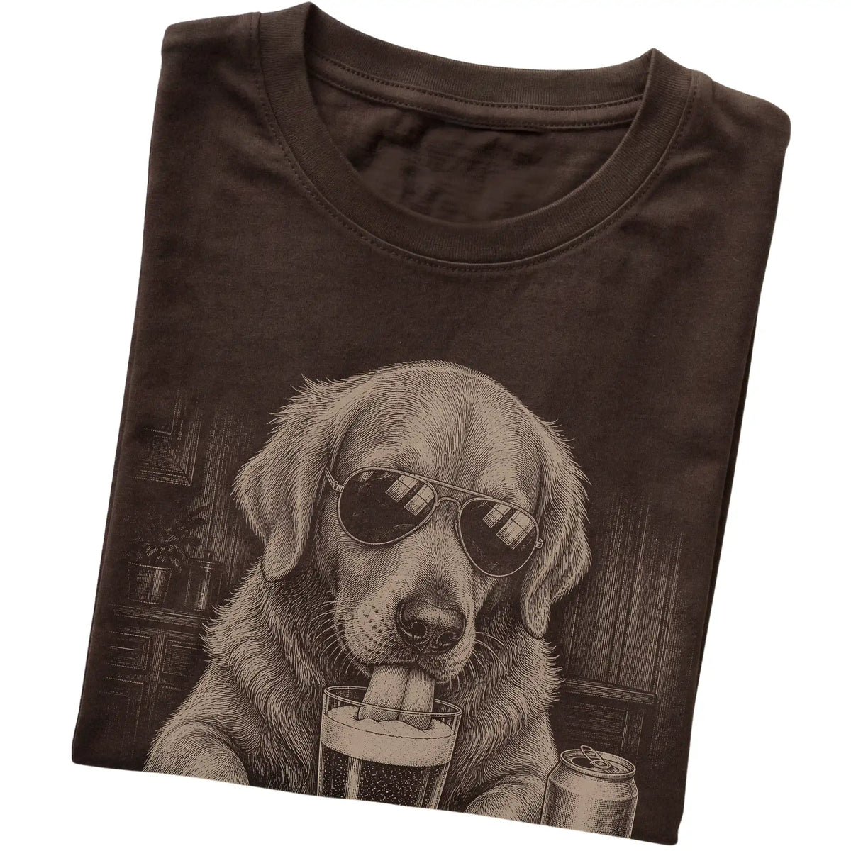 Dark Chocolate Golden Retriever drinking from a pint at a bar, folded detail view