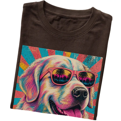 Folded Dark Chocolate softstyle T-shirt with a Retro Golden Retriever Mama design