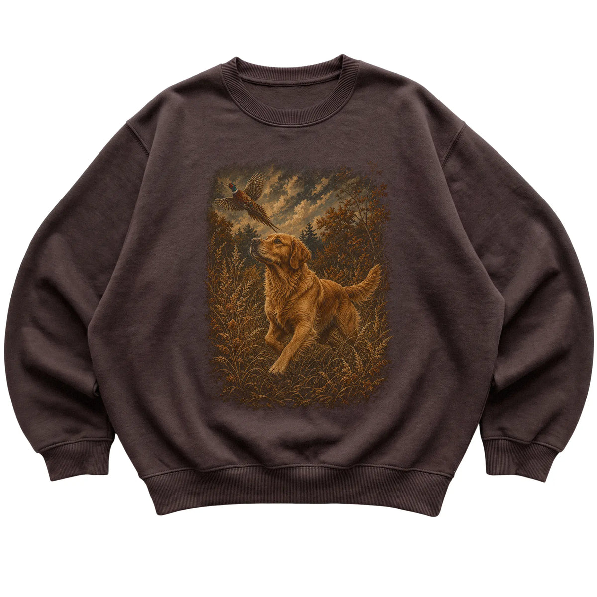 Golden Retriever Pheasant Hunting Sweatshirt in Dark Chocolate