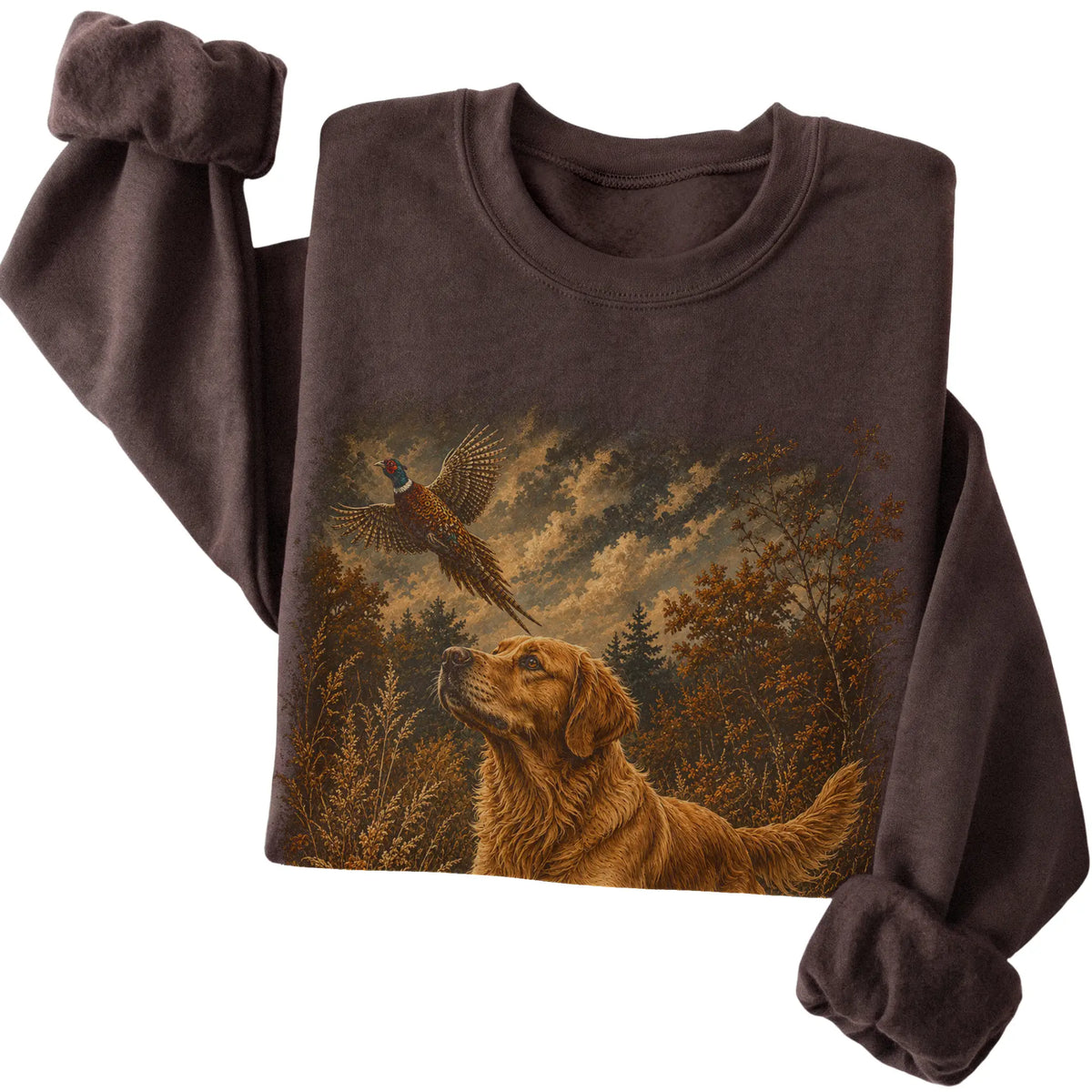 Golden Retriever Pheasant Hunting Sweatshirt in Dark Chocolate