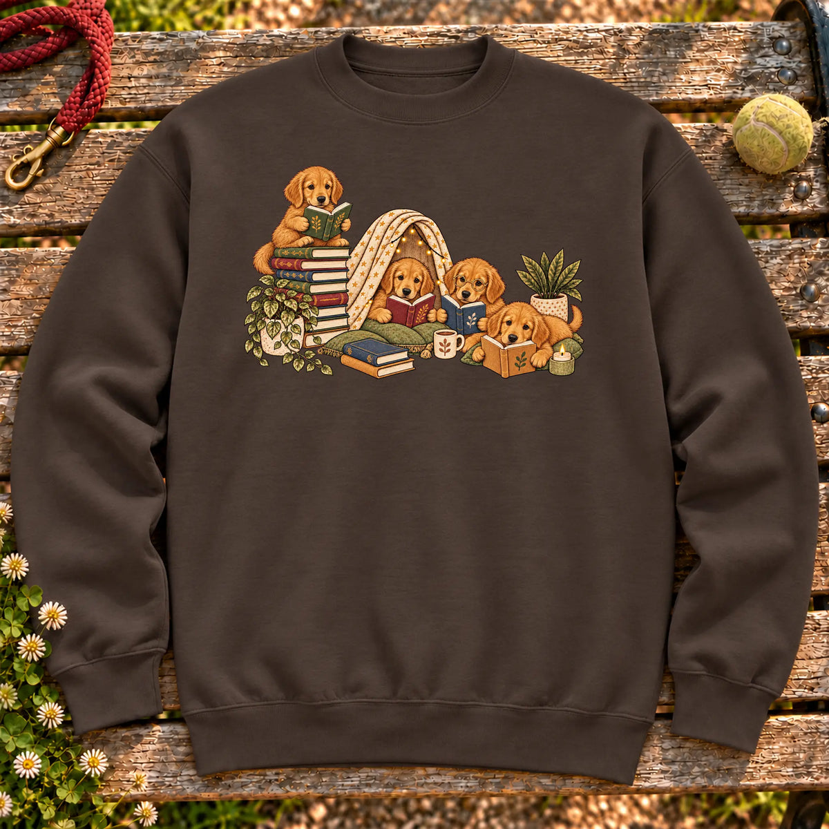 Golden Retriever puppies reading books in a cozy blanket fort on a Dark Chocolate sweatshirt