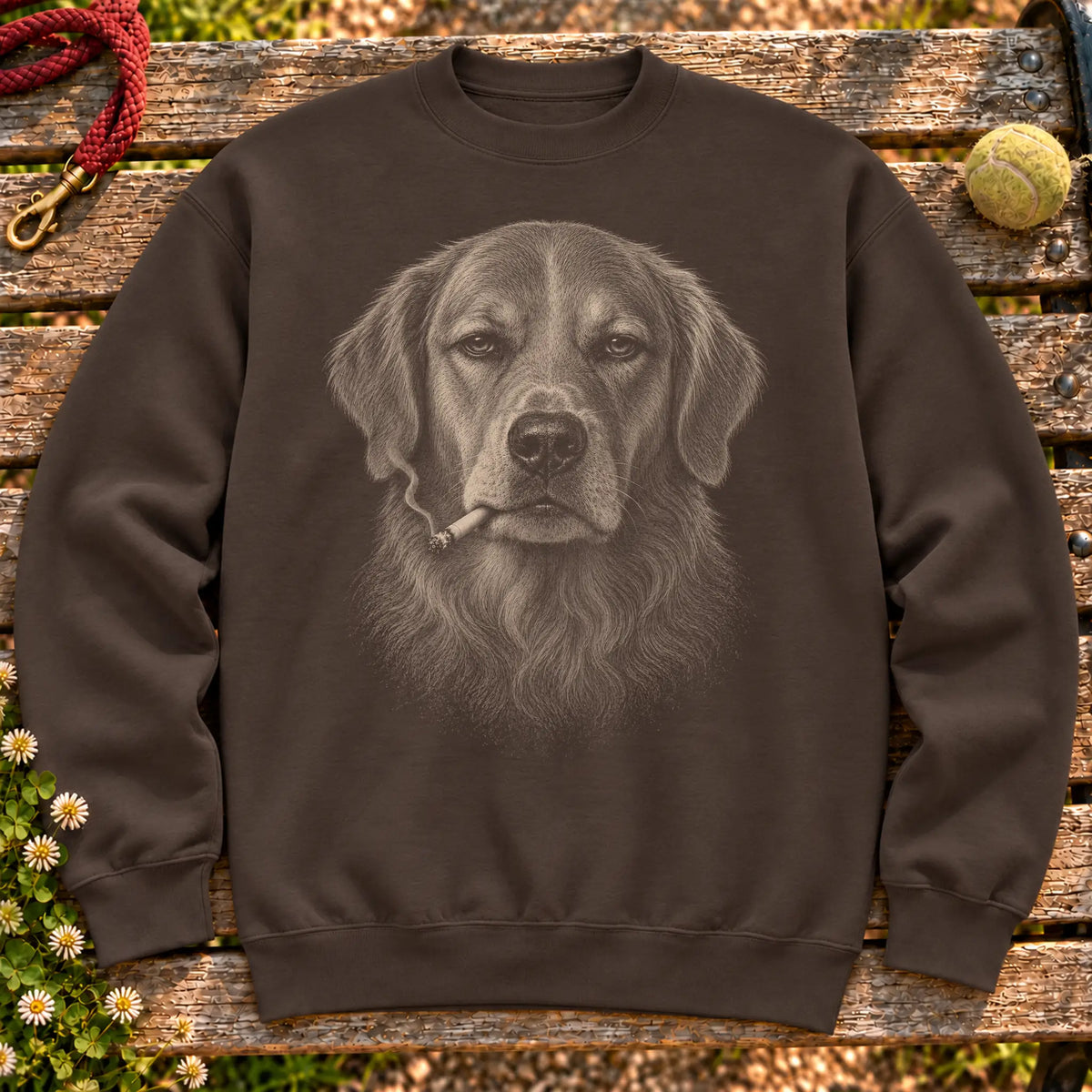 Golden Retriever smoking design on a Dark Chocolate sweatshirt