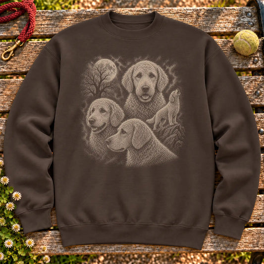 Goldendoodle 90s Moon design on a Dark Chocolate crewneck sweatshirt shown flat