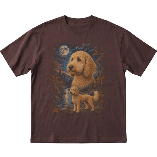 dark chocolate T-shirt with Goldendoodle Autumn Moon artwork.