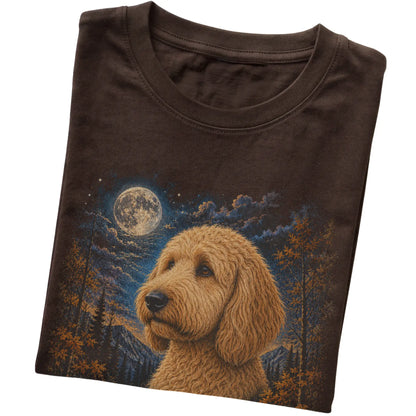Folded dark chocolate T-shirt with Goldendoodle Autumn Moon artwork.