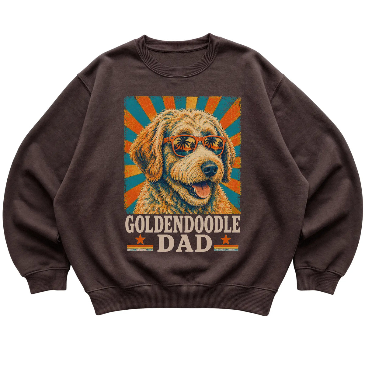 Retro Goldendoodle Dad design on a Dark Chocolate crewneck sweatshirt