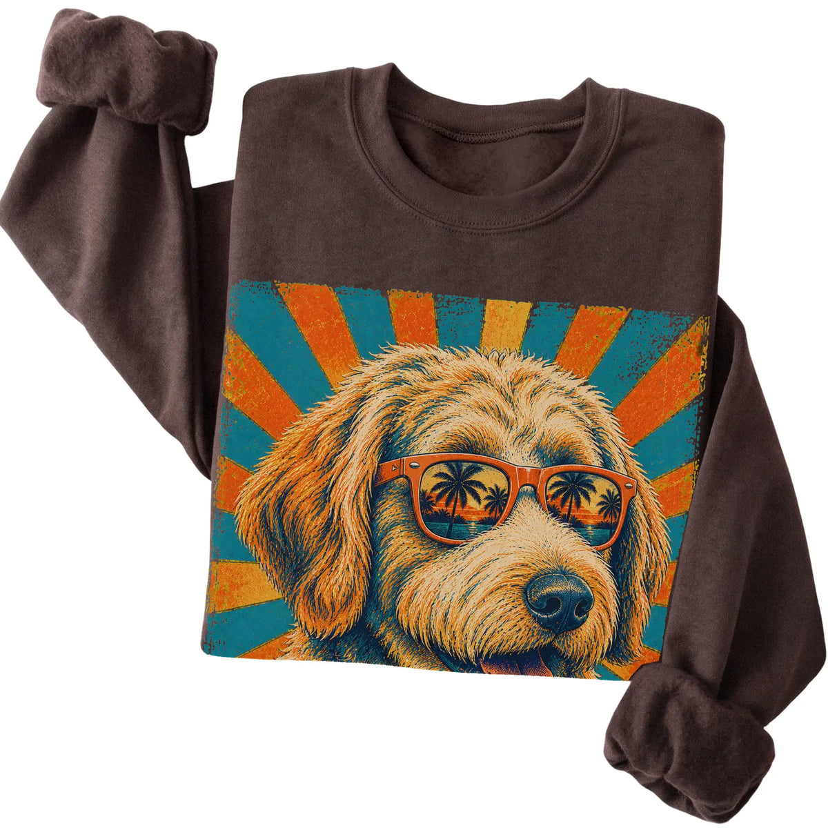 Folded Dark Chocolate crewneck sweatshirt with a Retro Goldendoodle Dad design