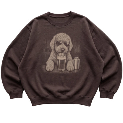 Dark Chocolate Goldendoodle drinking from a pint at a bar, laid flat