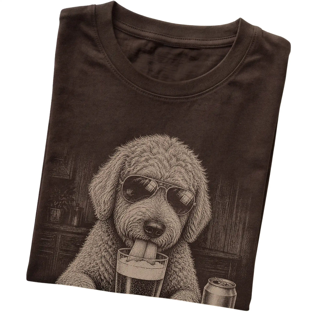 Dark Chocolate Goldendoodle drinking from a pint at a bar, folded detail view