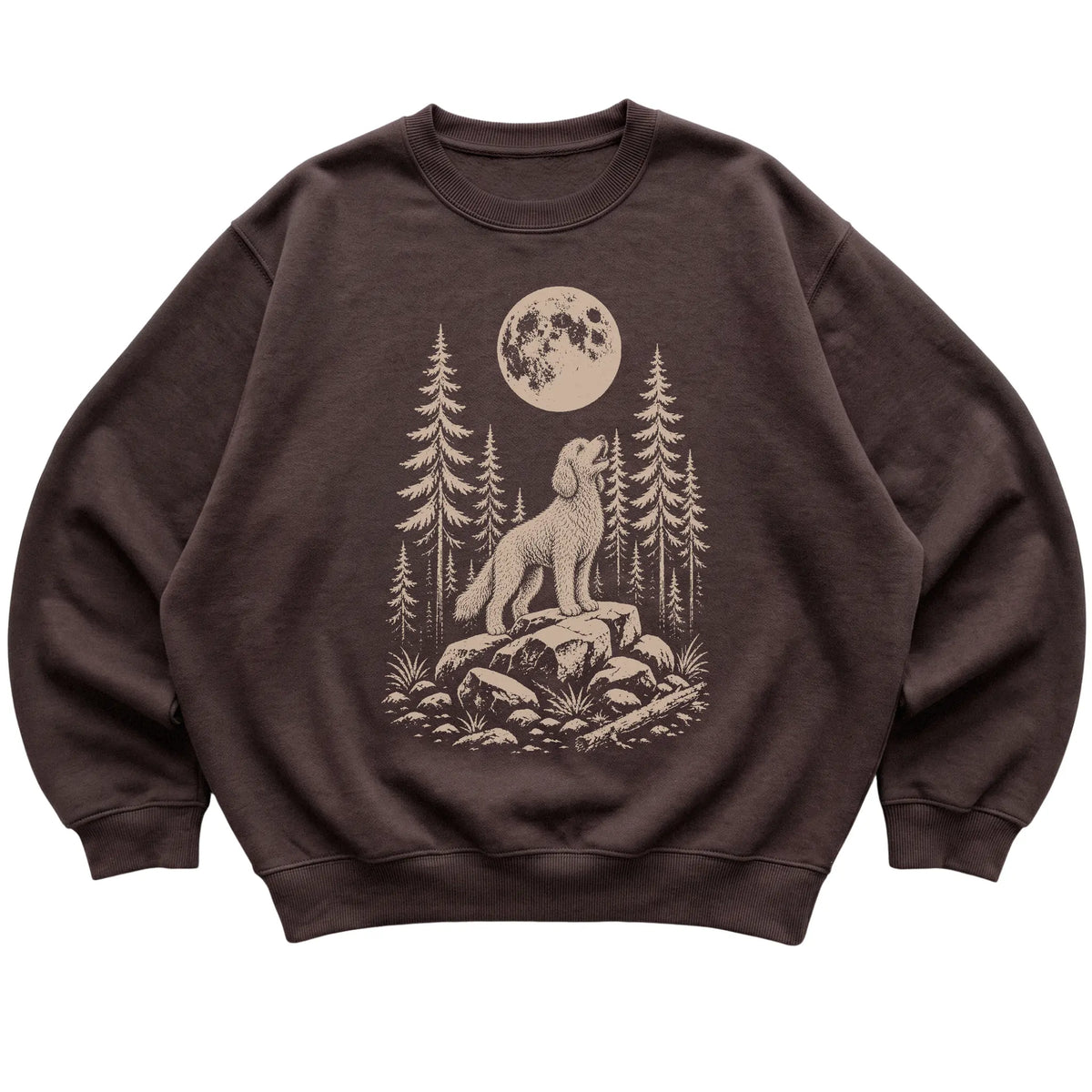 Close view of Goldendoodle Howling at the Moon artwork on Dark Chocolate crewneck sweatshirt
