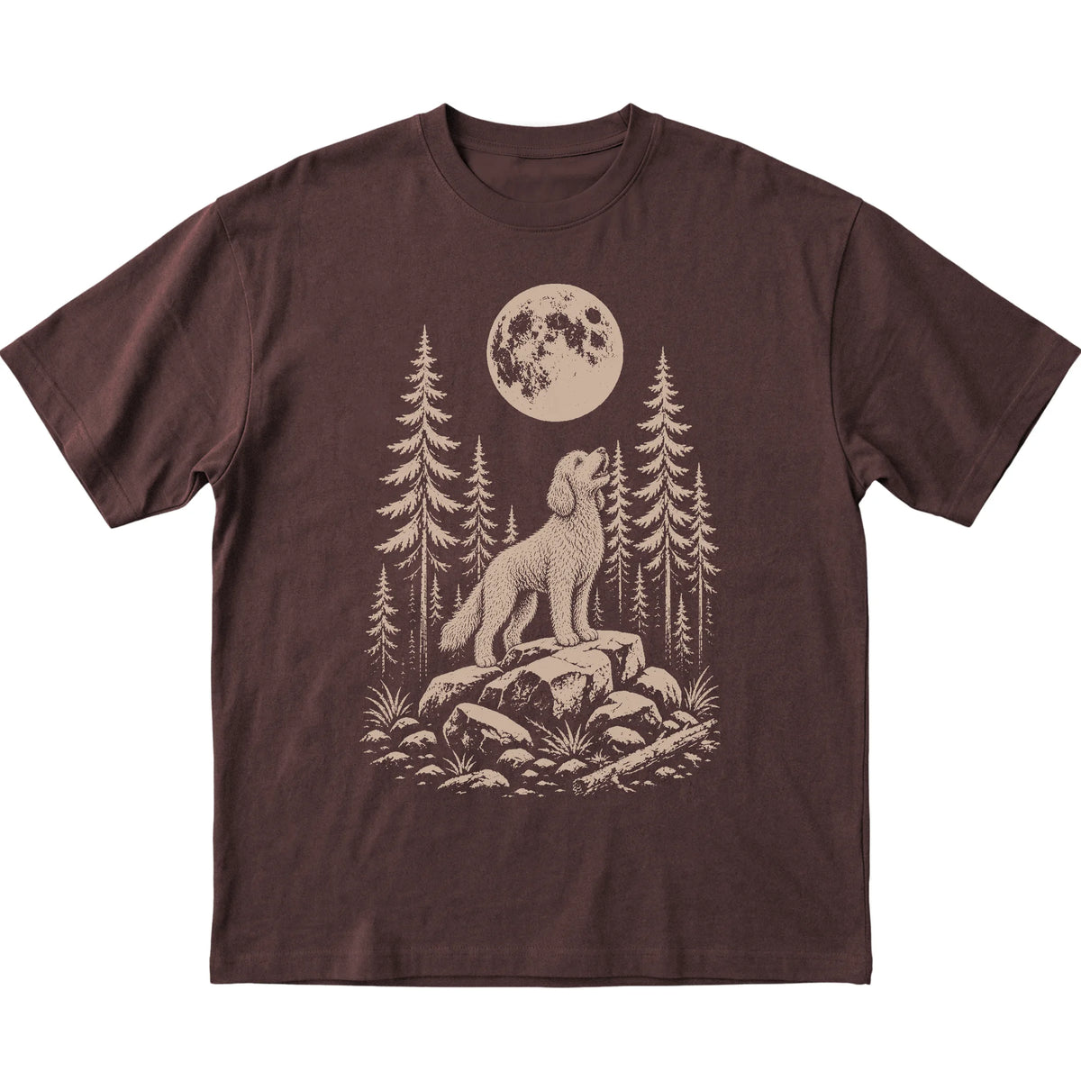 Close view of Goldendoodle Howling at the Moon artwork on Dark Chocolate softstyle T-shirt