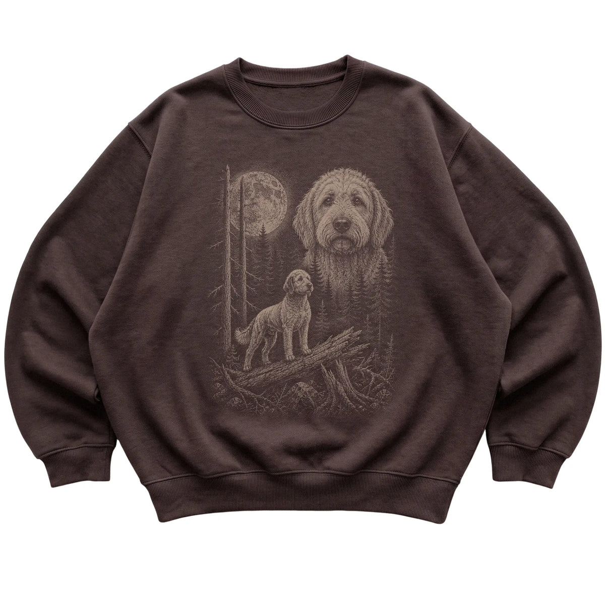 Goldendoodle Moonlit Forest graphic on a dark chocolate crewneck sweatshirt laid flat