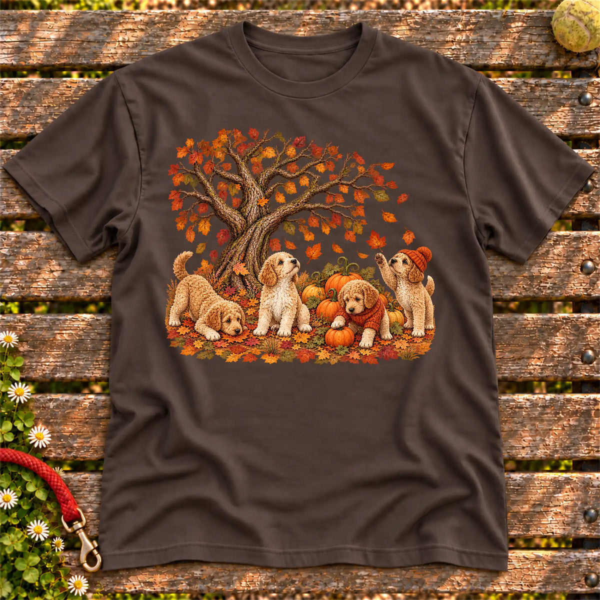 Four Goldendoodle puppies with pumpkins beneath an autumn tree on a Dark Chocolate softstyle T-shirt