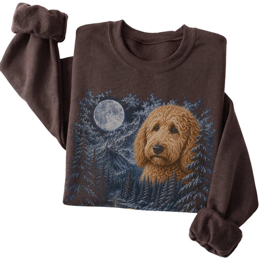 Folded dark chocolate sweatshirt with Goldendoodle Winter Moon artwork.