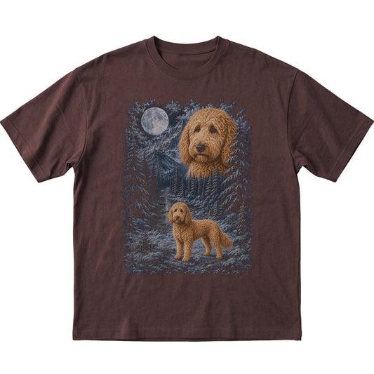 dark chocolate T-shirt with Goldendoodle Winter Moon artwork.
