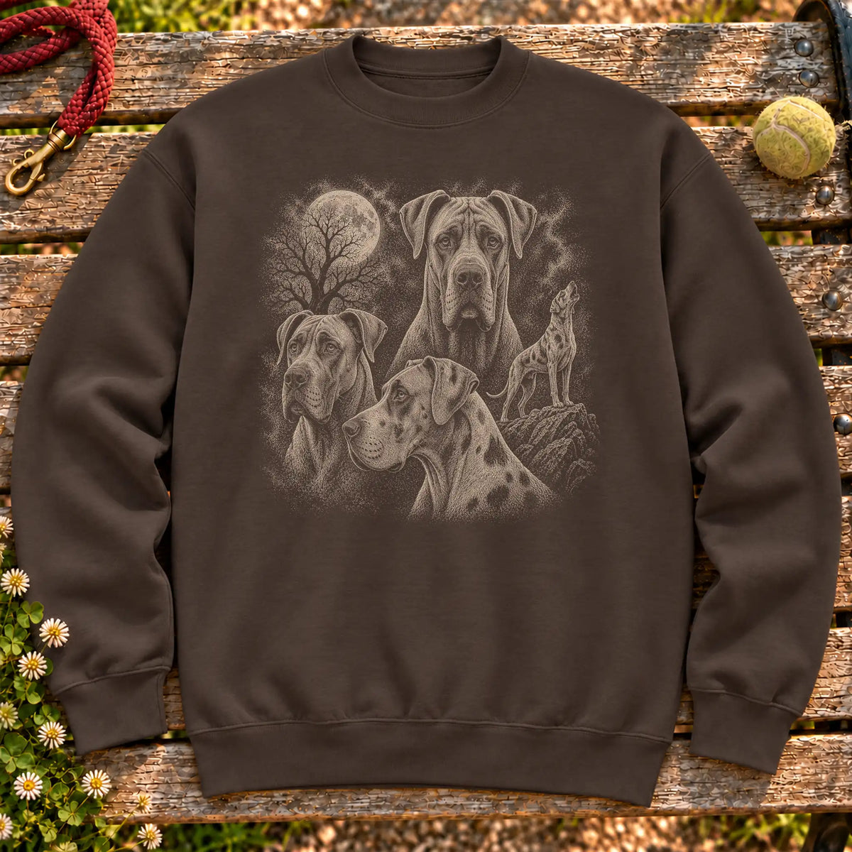 Great Dane 90s Moon design on a Dark Chocolate crewneck sweatshirt shown flat