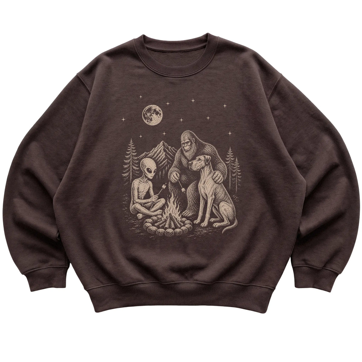 Dark Chocolate Great Dane Camping with Bigfoot and Alien shirt laid flat