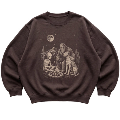 Dark Chocolate Great Dane Camping with Bigfoot and Alien shirt laid flat