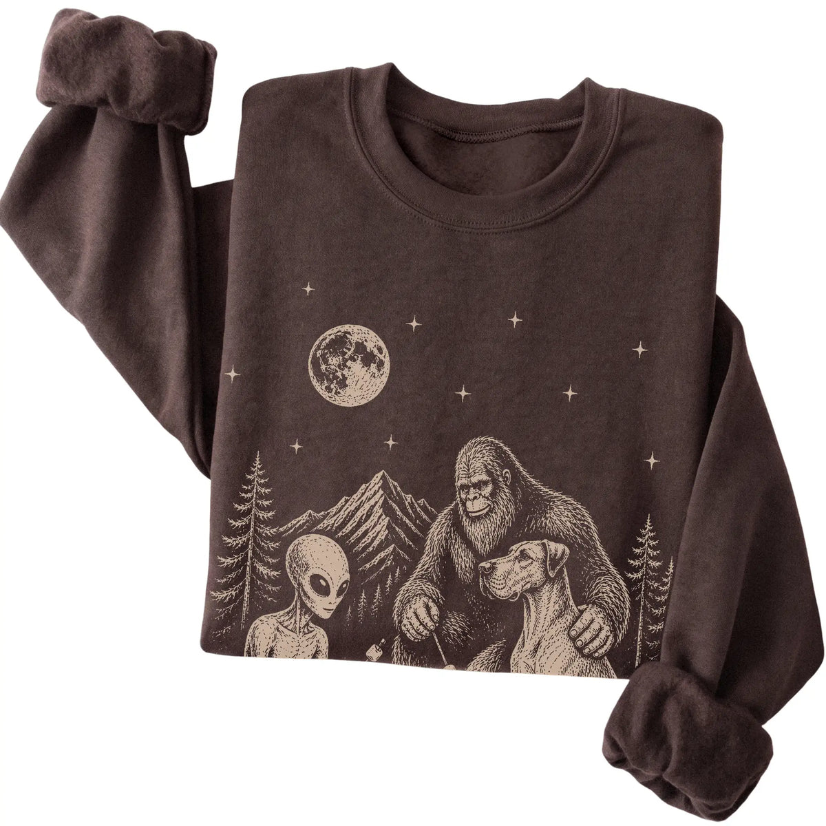 Dark Chocolate Great Dane Camping with Bigfoot and Alien folded detail view