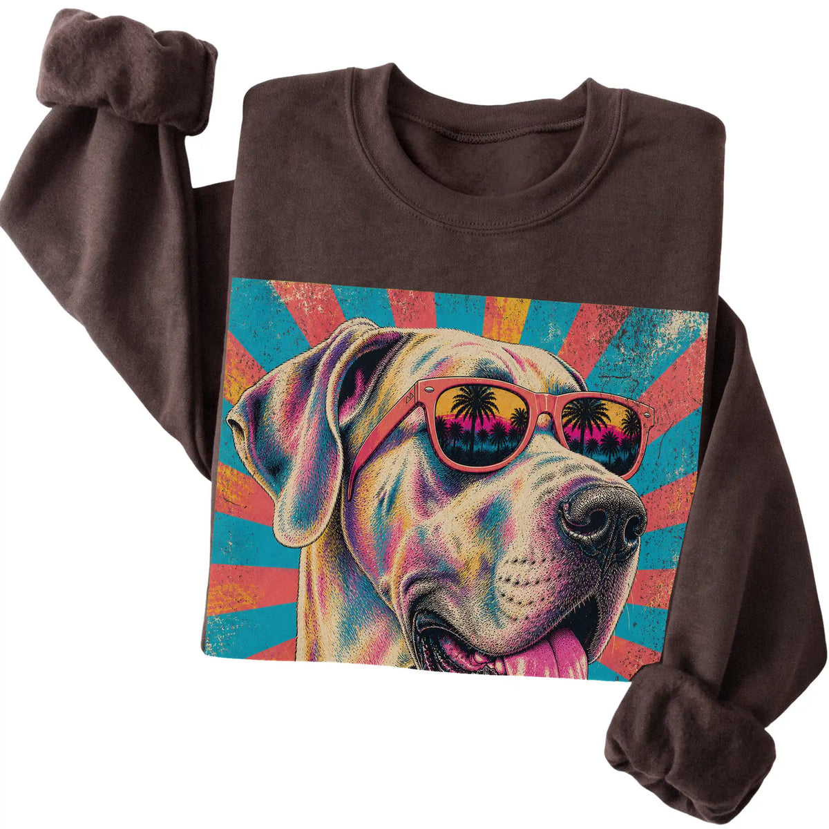 Folded Dark Chocolate crewneck sweatshirt with a Retro Great Dane Mama design