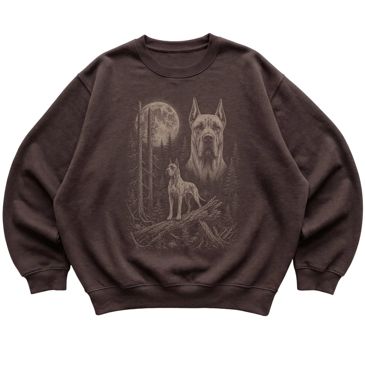 Great Dane Moonlit Forest graphic on a dark chocolate crewneck sweatshirt laid flat