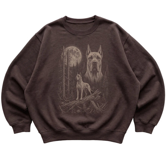 Great Dane Moonlit Forest graphic on a dark chocolate crewneck sweatshirt laid flat