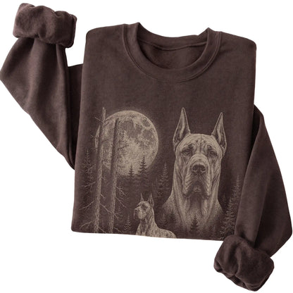 Folded dark chocolate crewneck sweatshirt showing the Great Dane Moonlit Forest graphic