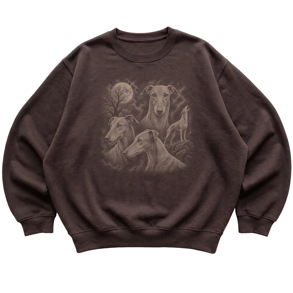 Greyhound 90s Moon Sweatshirt in Dark Chocolate — flat lay