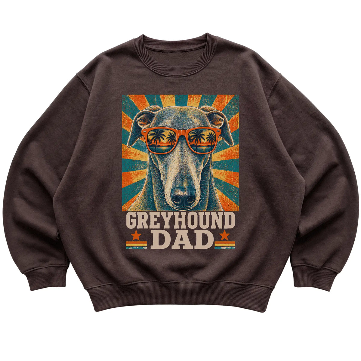 Retro Greyhound Dad design on a Dark Chocolate crewneck sweatshirt