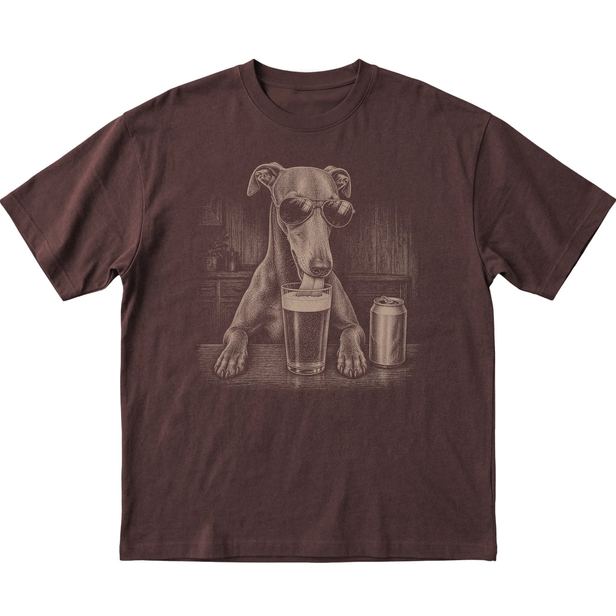 Dark Chocolate Greyhound drinking from a pint at a bar, laid flat
