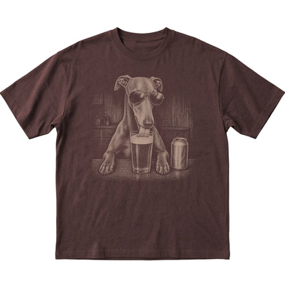 Dark Chocolate Greyhound drinking from a pint at a bar, laid flat