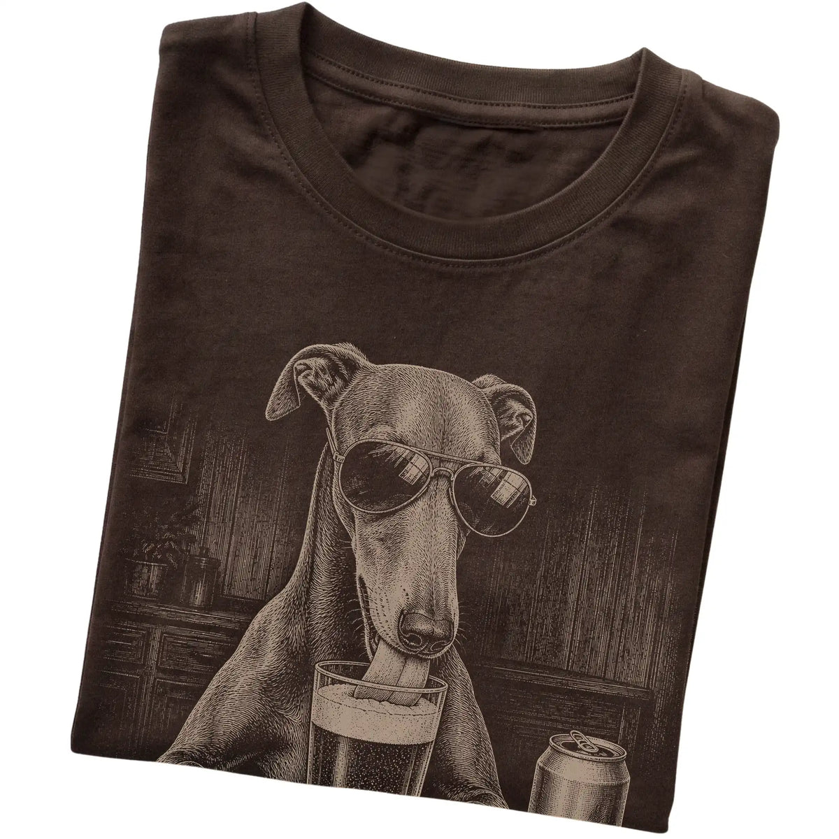 Dark Chocolate Greyhound drinking from a pint at a bar, folded detail view
