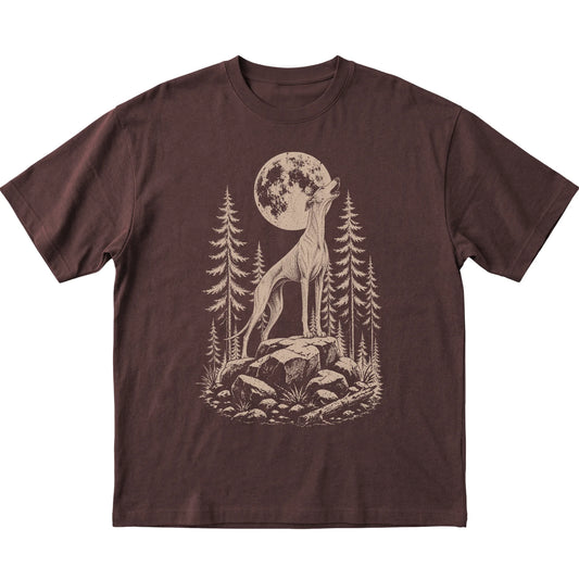Close view of Greyhound Howling at the Moon artwork on Dark Chocolate softstyle T-shirt