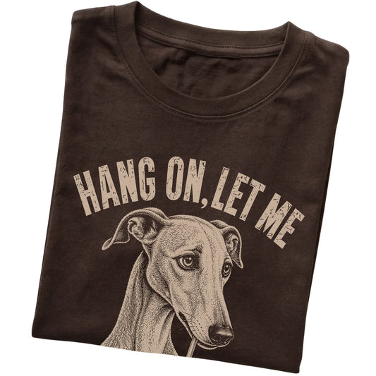 Dark Chocolate T-shirt featuring Overthinking Greyhound, folded presentation