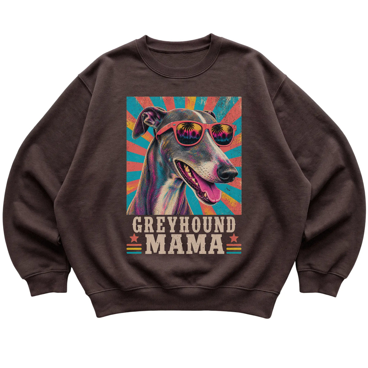Retro Greyhound Mama design on a Dark Chocolate crewneck sweatshirt