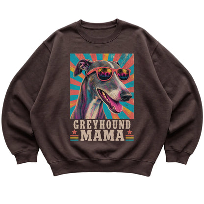 Retro Greyhound Mama design on a Dark Chocolate crewneck sweatshirt
