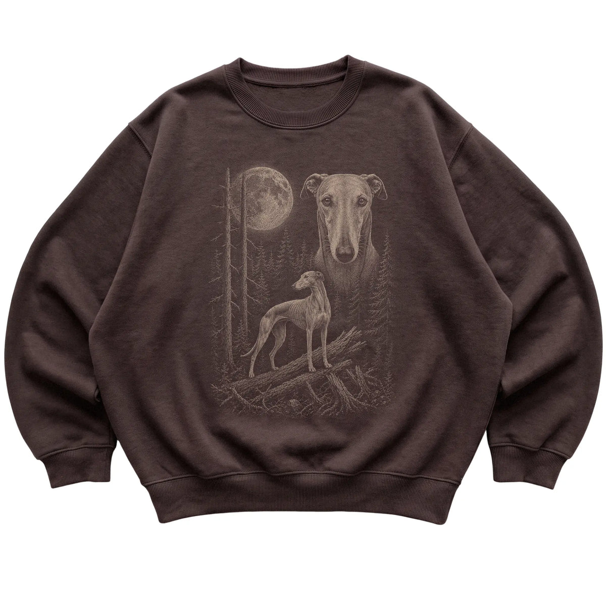 Greyhound Moonlit Forest graphic on a dark chocolate crewneck sweatshirt laid flat