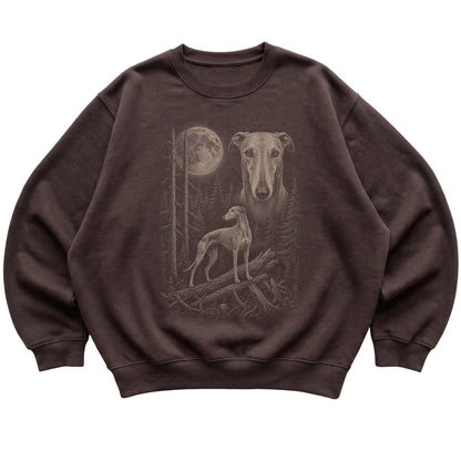 Greyhound Moonlit Forest graphic on a dark chocolate crewneck sweatshirt laid flat