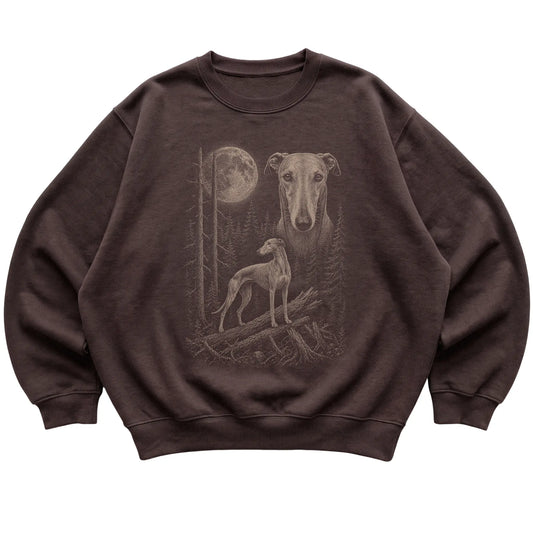 Greyhound Moonlit Forest graphic on a dark chocolate crewneck sweatshirt laid flat