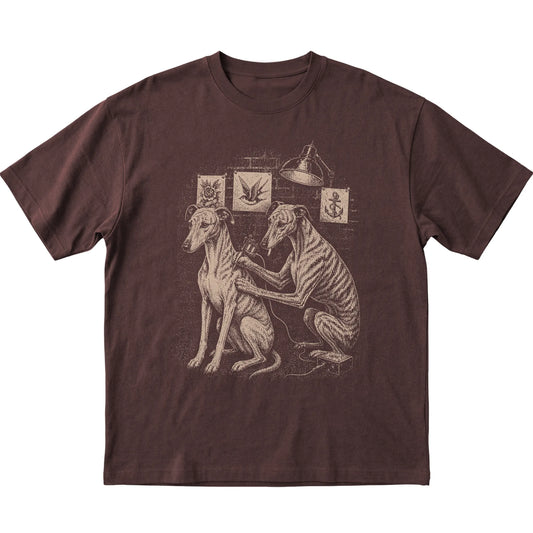 Dark Chocolate Greyhound Dog Tattoo Artist shirt laid flat
