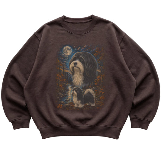 dark chocolate sweatshirt with Havanese Autumn Moon artwork.