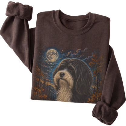 Folded dark chocolate sweatshirt with Havanese Autumn Moon artwork.