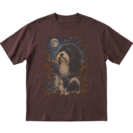 dark chocolate T-shirt with Havanese Autumn Moon artwork.